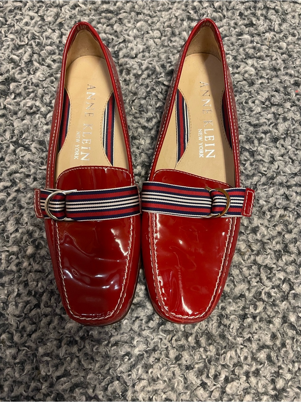 Anne Klein Red Patent Loafers with Striped Fabric Strap